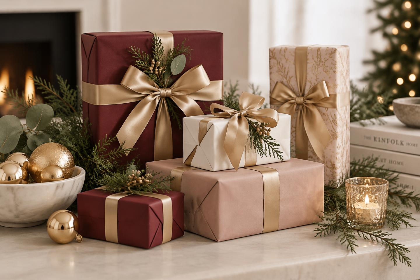 Modern holiday gift arrangement in burgundy, ivory, and blush with gold ribbons and greenery