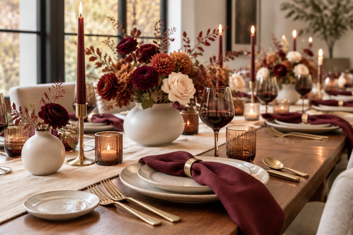 Elegant autumn tablescape with burgundy candles, cream florals, and gold flatware