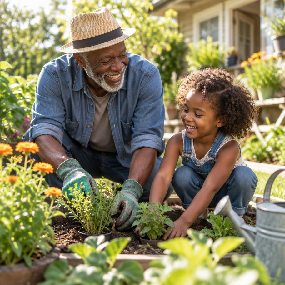 Grandfather and grandchild gardening together