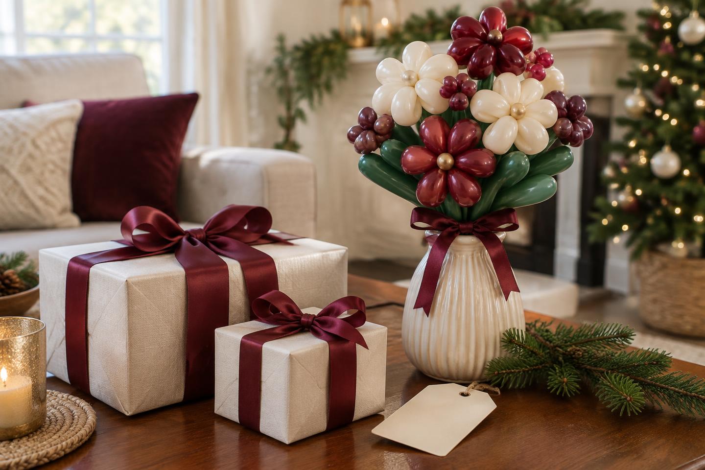 Holiday gifts with burgundy ribbons and a handmade-style balloon flower bouquet
